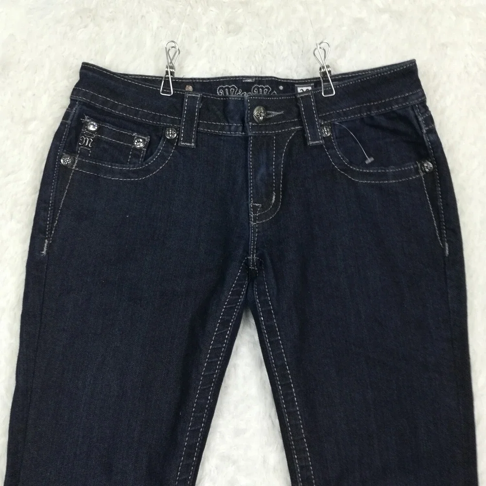 Miss Me Womens Jeans Straight Leg Blue Denim Dark Wash‎ Jeweled Rhinestone 28